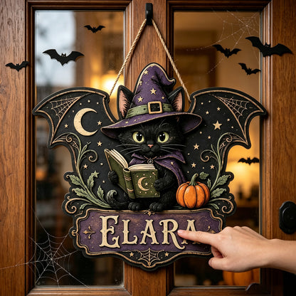 Custom Witch Cat Halloween Door Hanger with Name