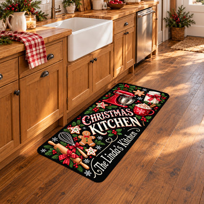 Personalized Christmas Kitchen Mat – Custom Name Holiday Anti-Fatigue Rug 🎄🍪