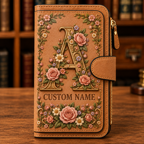 🌸Personalized Vintage Floral Initial Wallet – A–Z Letter & Custom Name