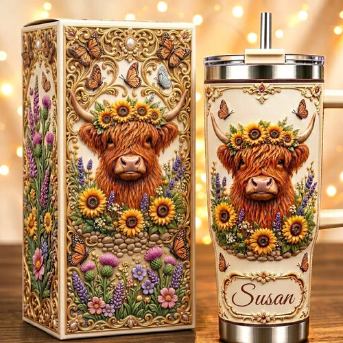 Personalized Highland Cow Sunflower Tumbler