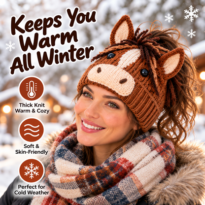 Cozy Farm Friends Highland Cow & Horse Ponytail Beanie