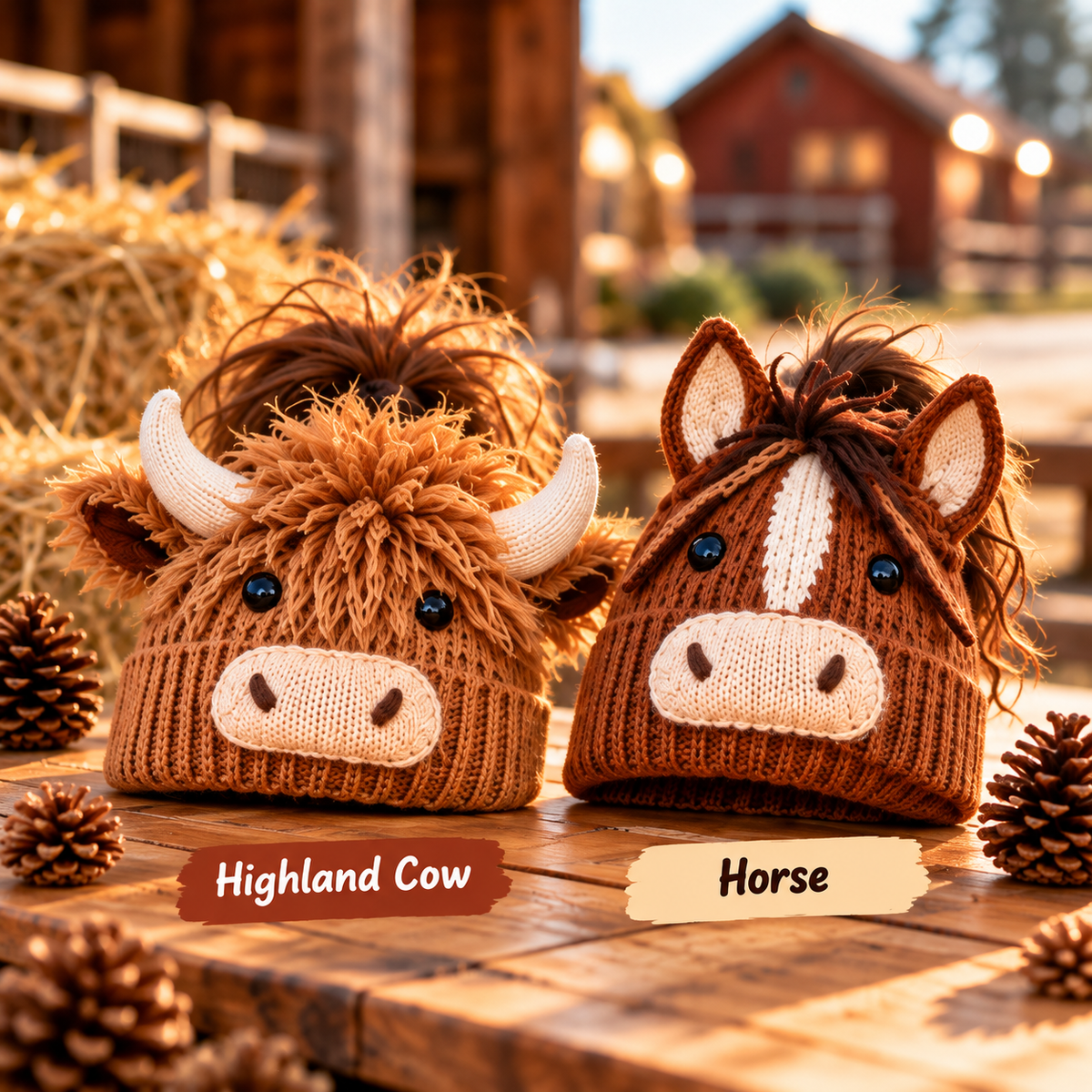 Cozy Farm Friends Highland Cow & Horse Ponytail Beanie