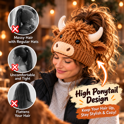 Cozy Farm Friends Highland Cow & Horse Ponytail Beanie