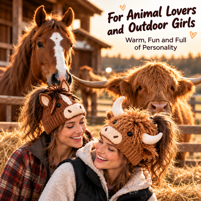 Cozy Farm Friends Highland Cow & Horse Ponytail Beanie