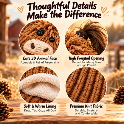 Cozy Farm Friends Highland Cow & Horse Ponytail Beanie