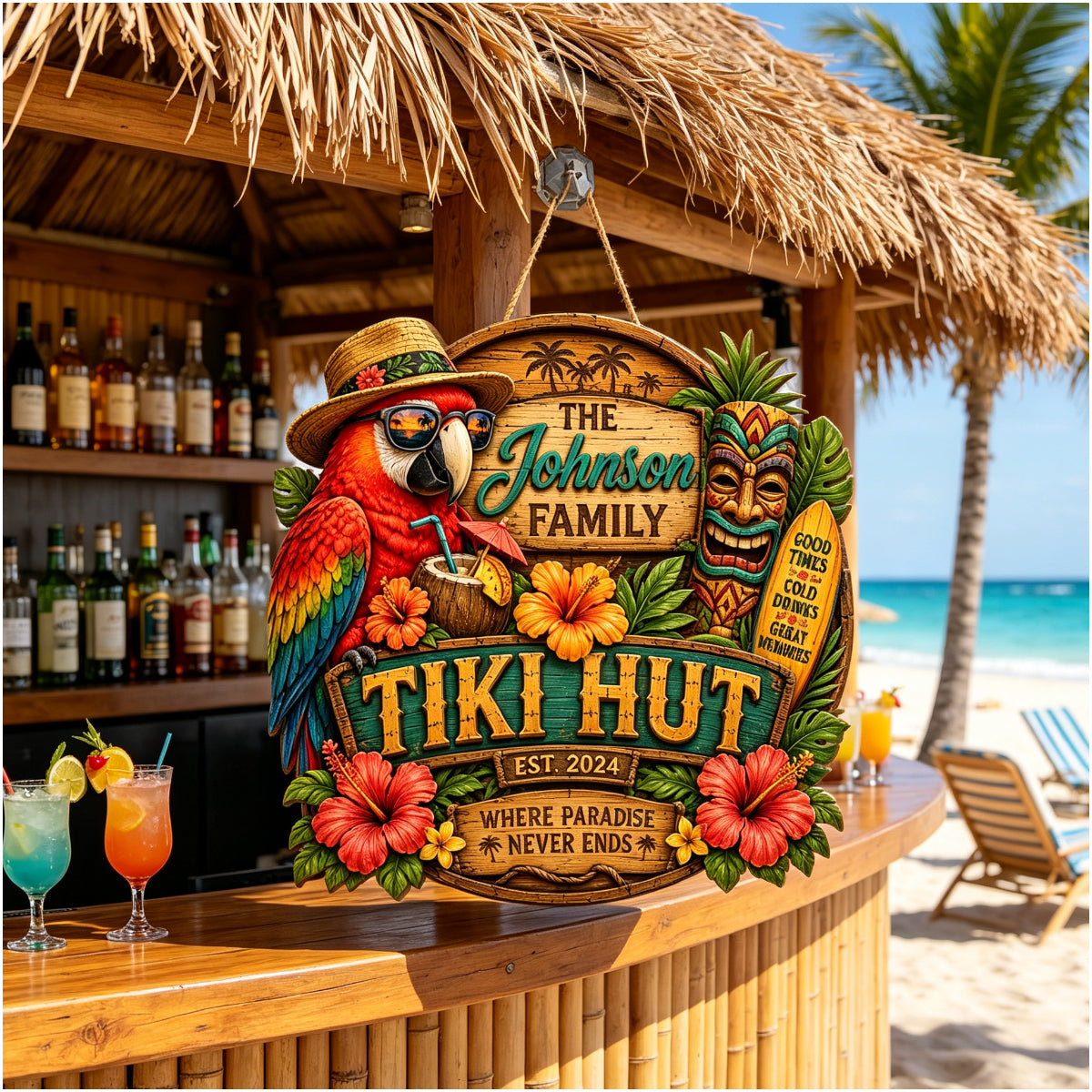 Custom Island Tiki Bar Tropical Parrot Door Hanger,
