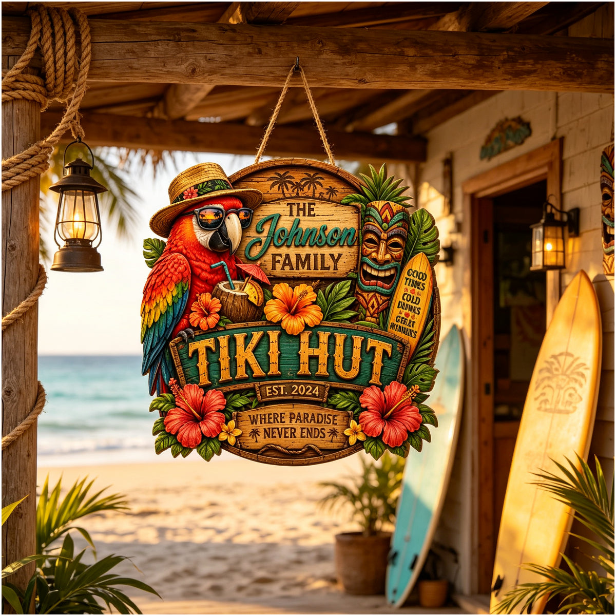 Custom Island Tiki Bar Tropical Parrot Door Hanger,