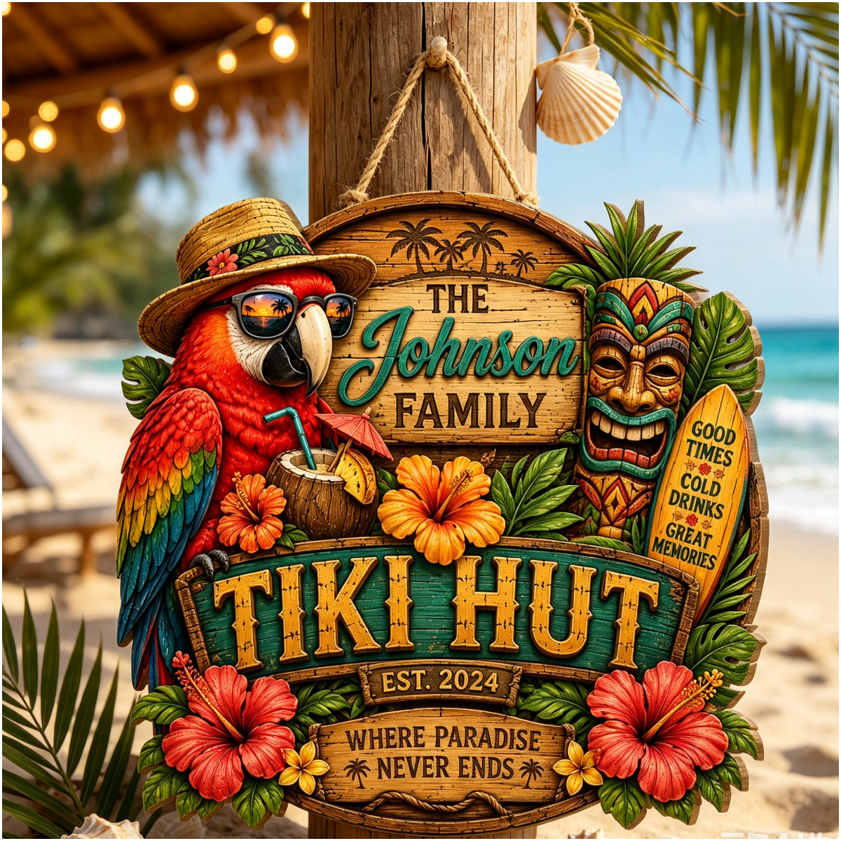 Custom Island Tiki Bar Tropical Parrot Door Hanger,