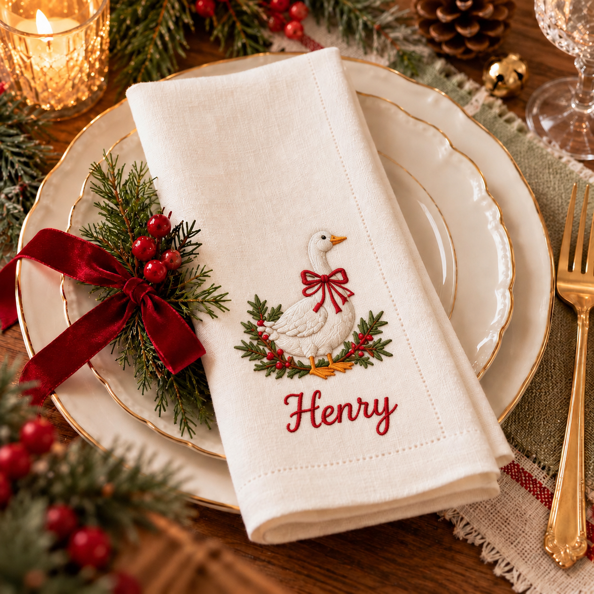 🎄 Personalized Christmas Embroidered Linen Napkin — A Place Just for You