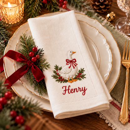 🎄 Personalized Christmas Embroidered Linen Napkin — A Place Just for You