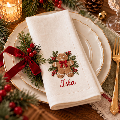 🎄 Personalized Christmas Embroidered Linen Napkin — A Place Just for You