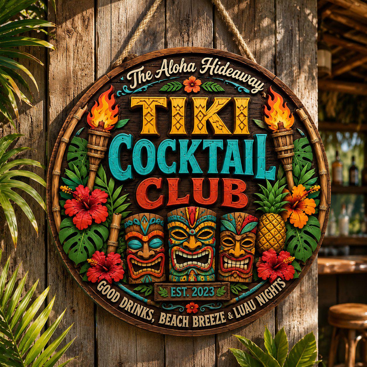Custom Tropical Beach Tiki Hut Wooden Hanging Sign