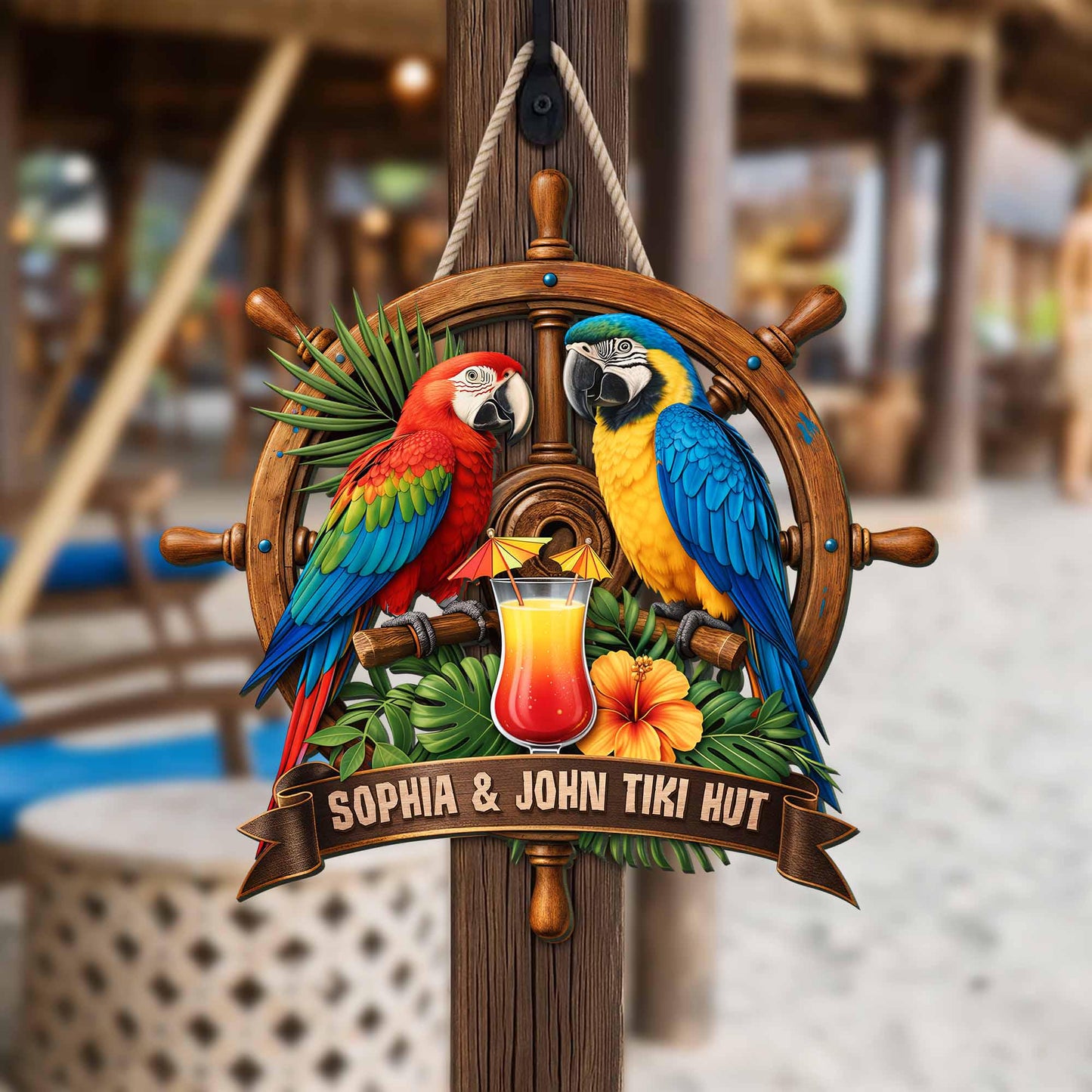Personalized Parrot Tiki Bar Sign, Tropical Macaw Couple Summer Decor, Wooden Hanger