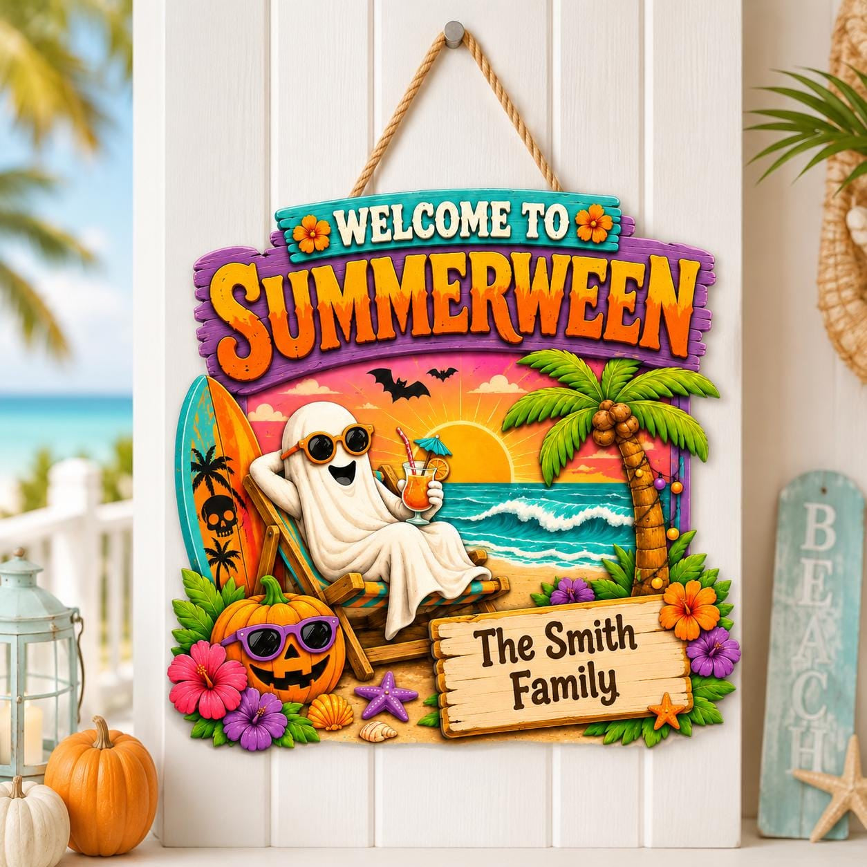 Custom Summerween Beach Wooden Hanging Door Sign
