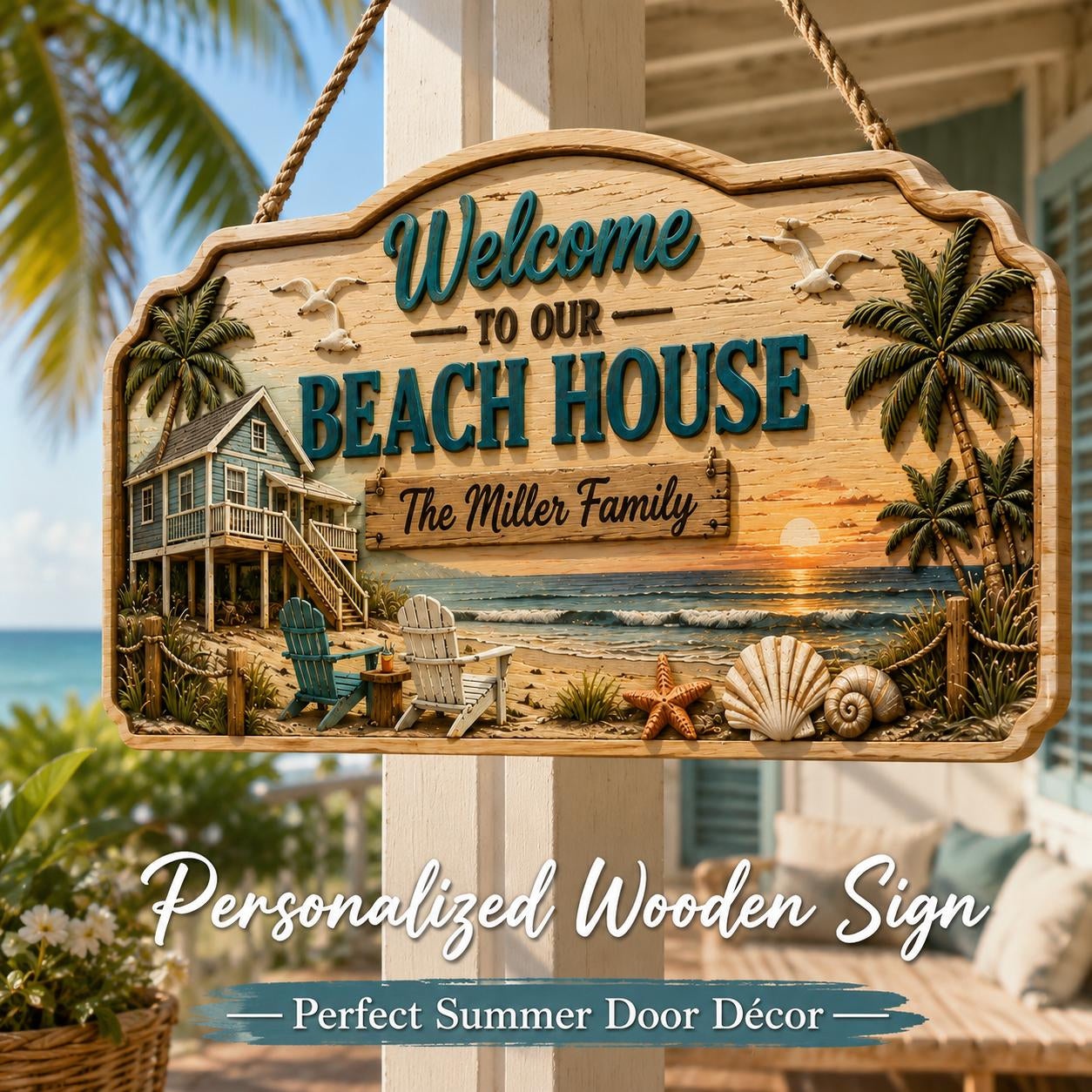 Custom Family Name Beach Wall Decor Coastal Wooden Hanging Sign