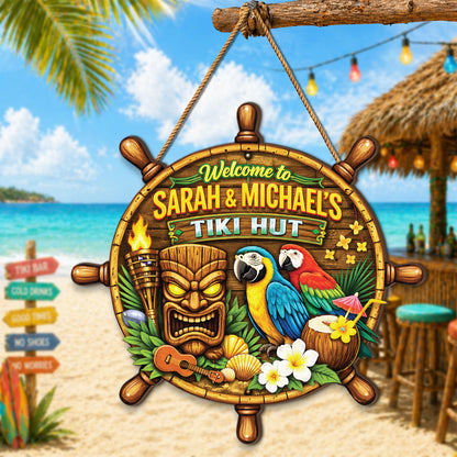 Personalized Tropical Beach Bar Wooden Sign, Parrot Tiki Mask Art