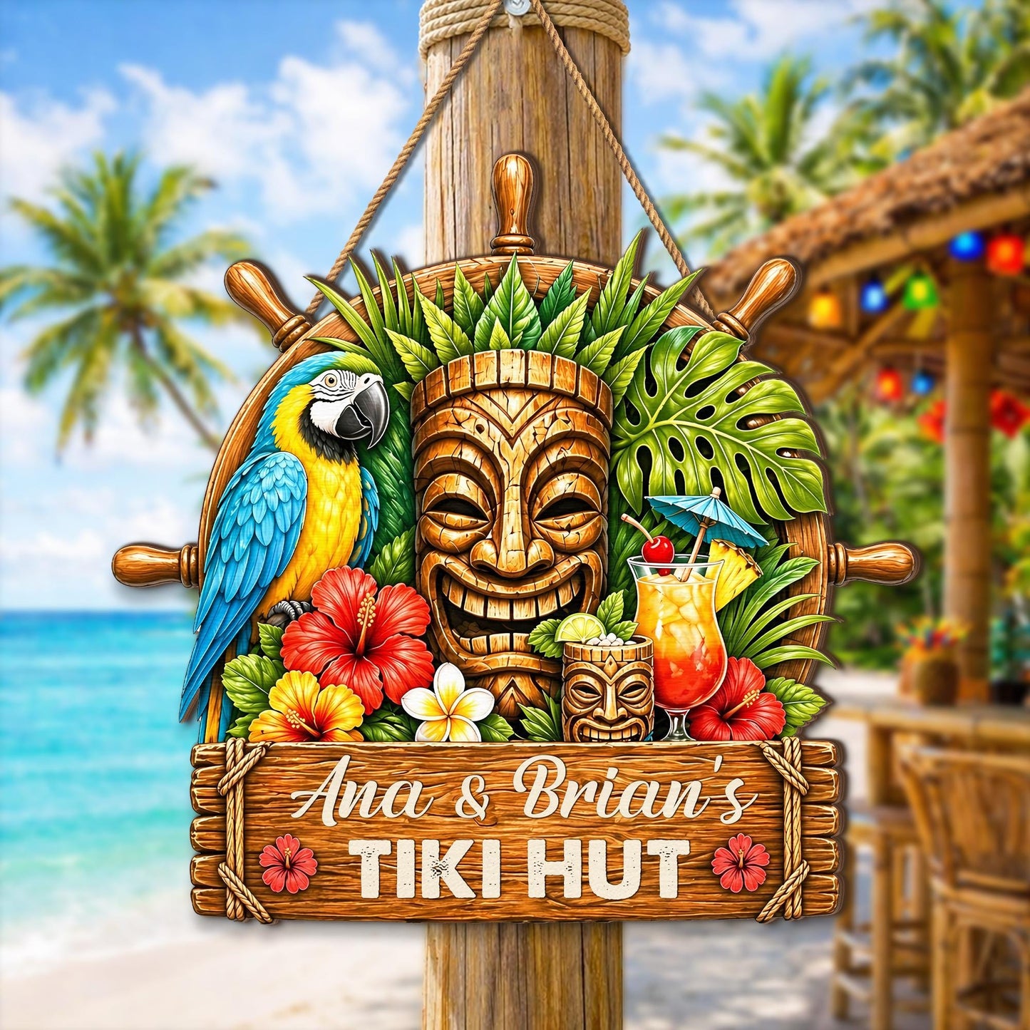 Custom Tropical Beach Bar Decor, Parrot Nautical Tiki Hut Wooden Hanging Sign