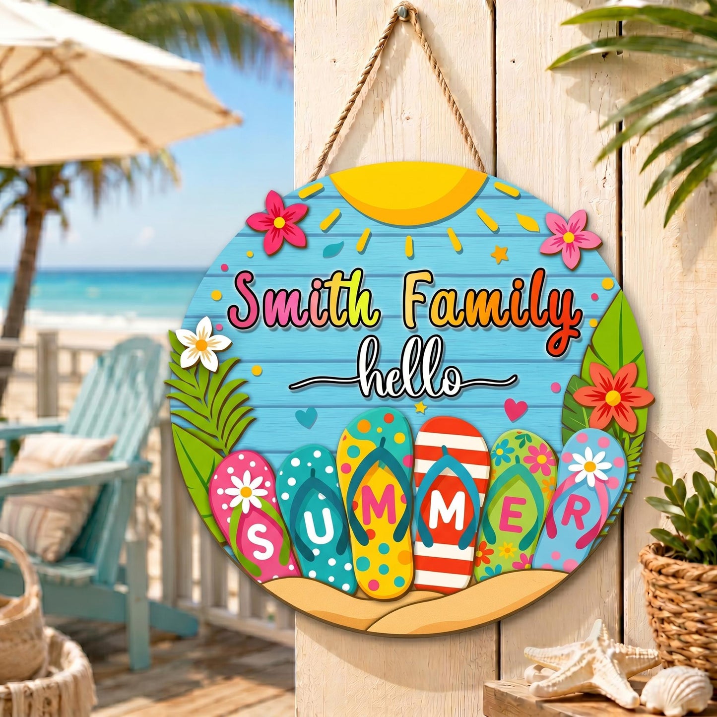 Custom Hello Summer Door Sign, Coastal Wooden Door Hanger
