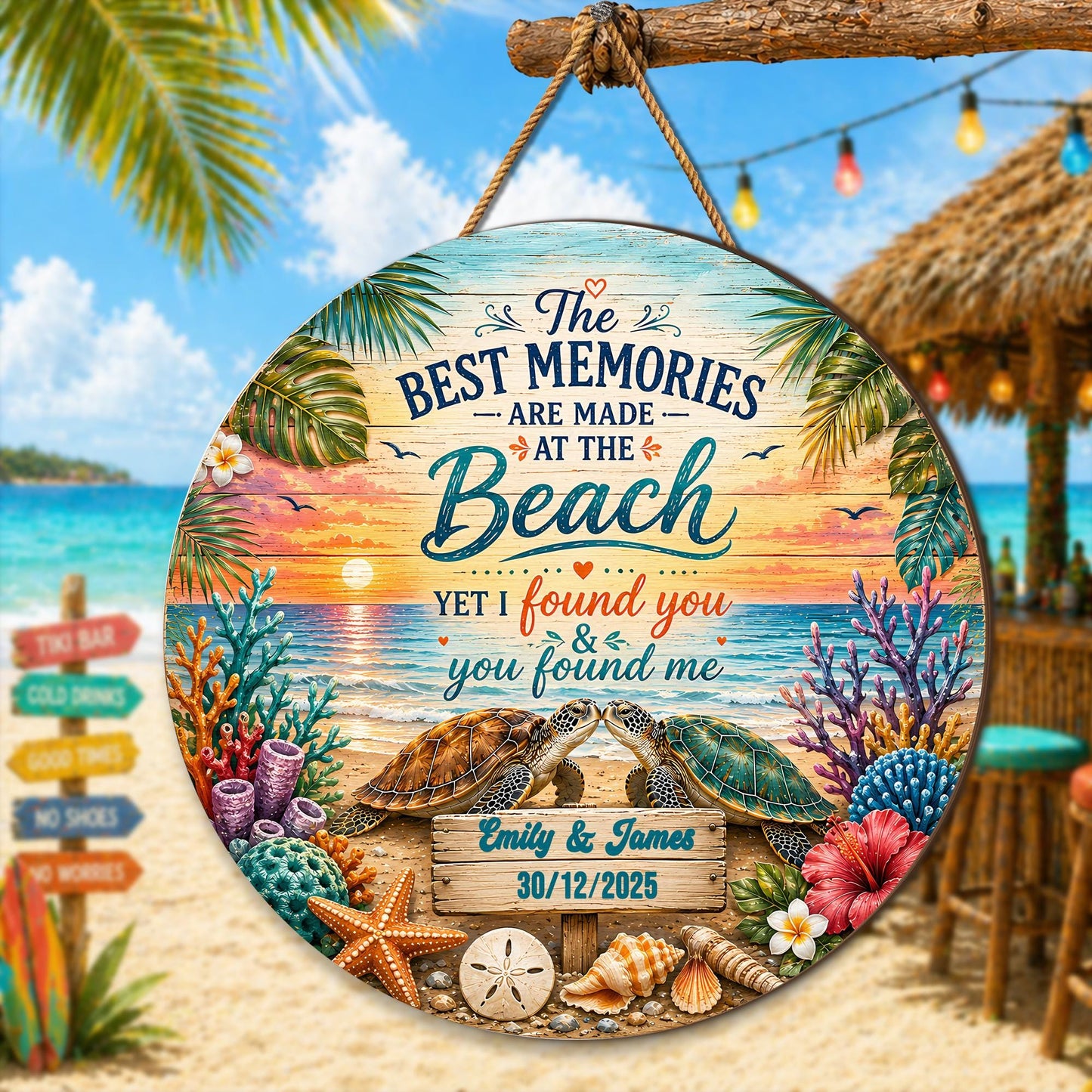 Custom Couple Sea Turtle Beach Memories Wooden Hanging Sign