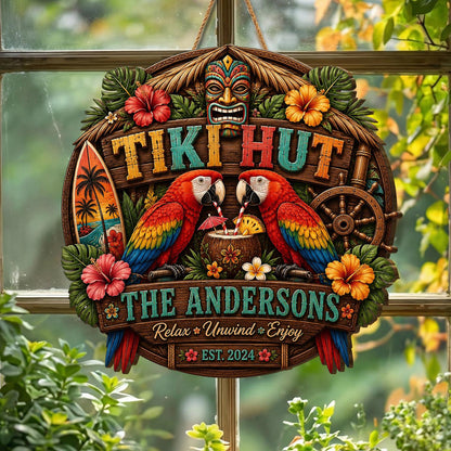 Personalized Tiki Hut, Tropical Macaw, Family Beach Bar Door Sign
