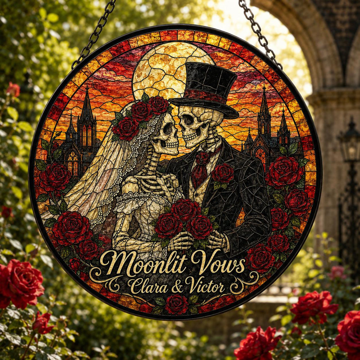 Custom Skull Couple Stained Glass Window Hanging