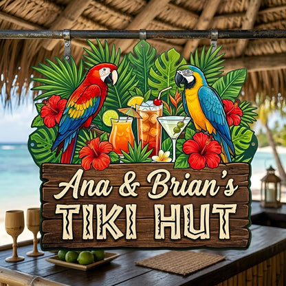 Custom Tiki Hut, Tropical Parrot Wall Metal Sign, Beach House Patio Plaque