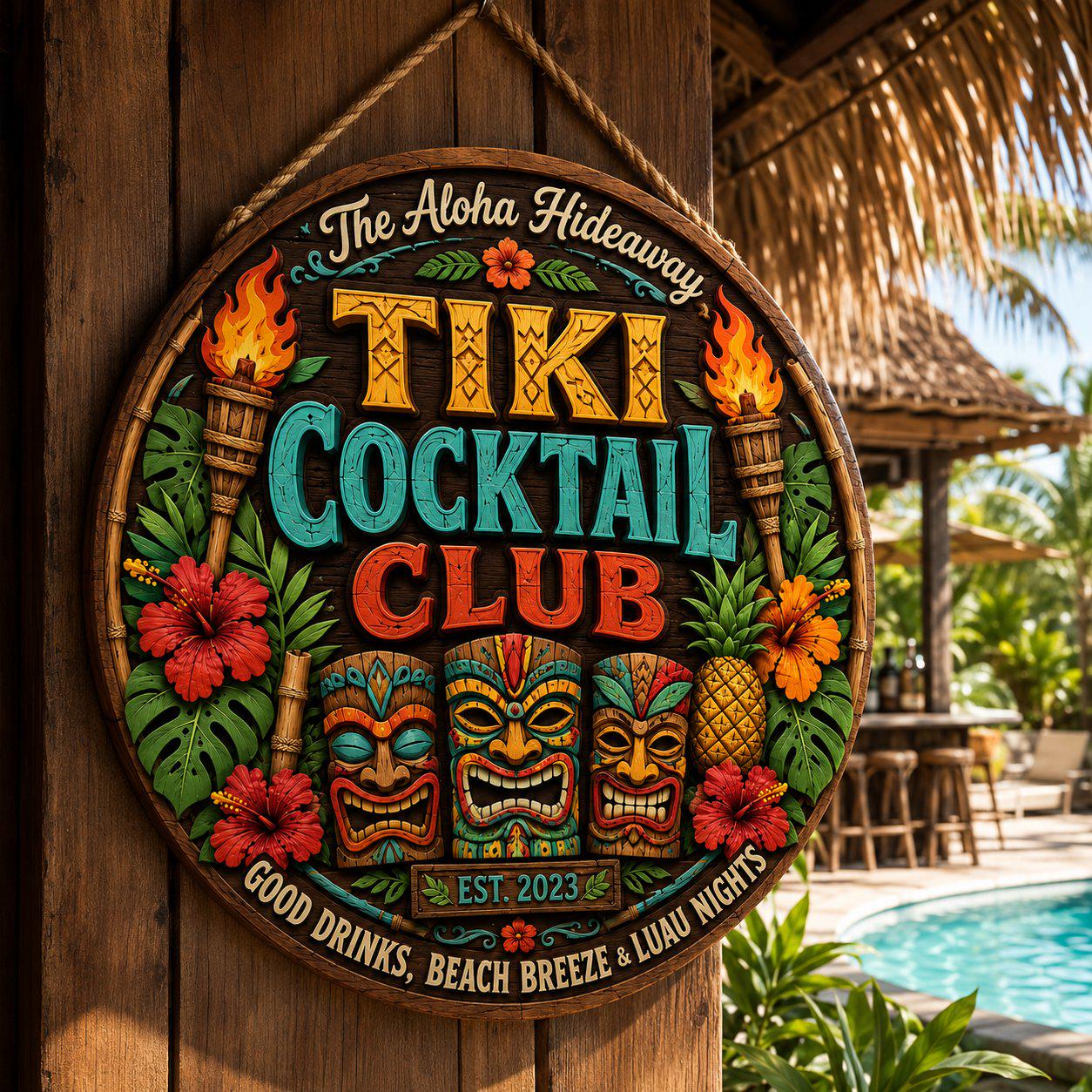 Custom Tropical Beach Tiki Hut Wooden Hanging Sign