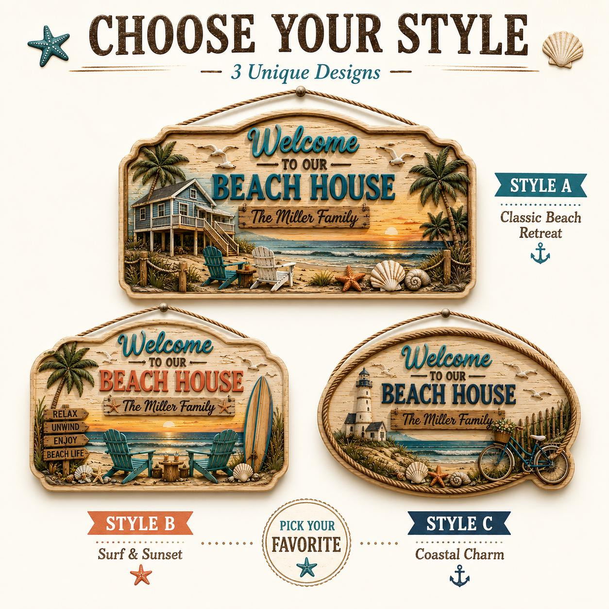 Custom Family Name Beach Wall Decor Coastal Wooden Hanging Sign