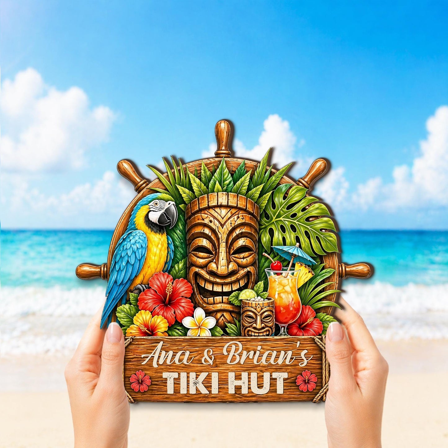 Custom Tropical Beach Bar Decor, Parrot Nautical Tiki Hut Wooden Hanging Sign