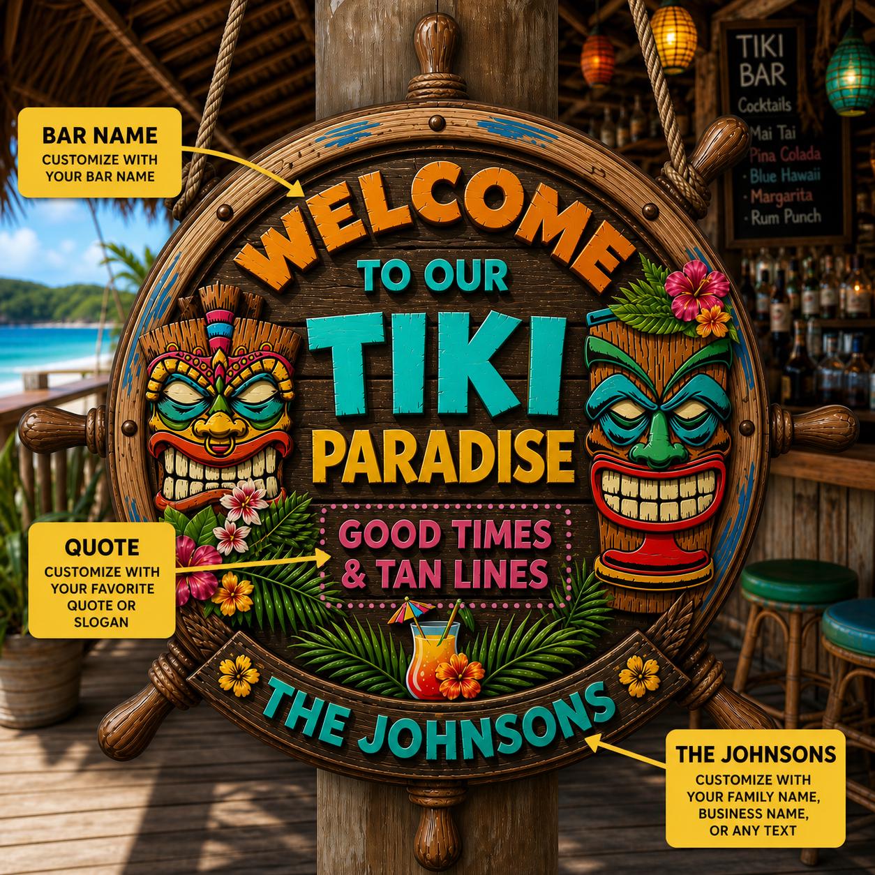 Custom Family Beach House Paradise Wooden Plaque, Hawaiian Luau Party Patio Sign