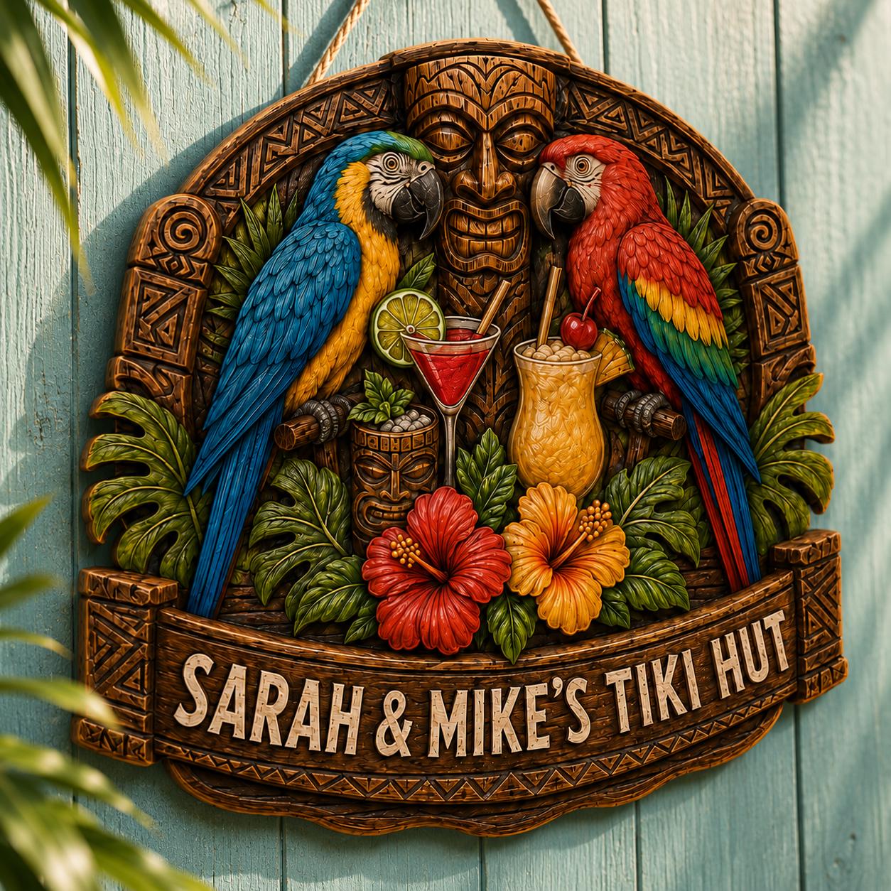 CUSTOMIZABLE Tropical Parrot Beach Hut Wood Sign