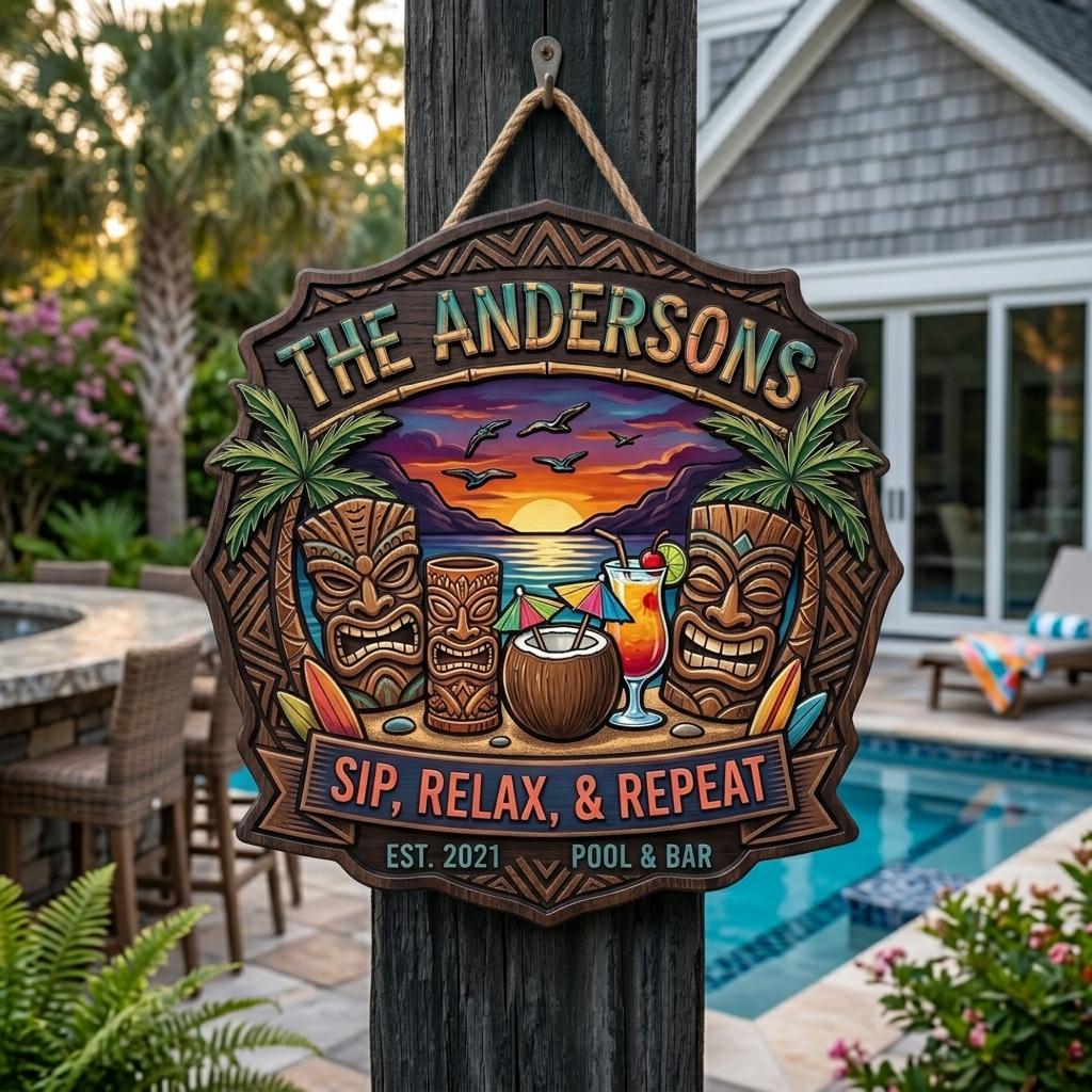 Custom Tiki Bar Sign, Wooden Backyard Tiki Hut Plaque, Outdoor Patio Wall Art