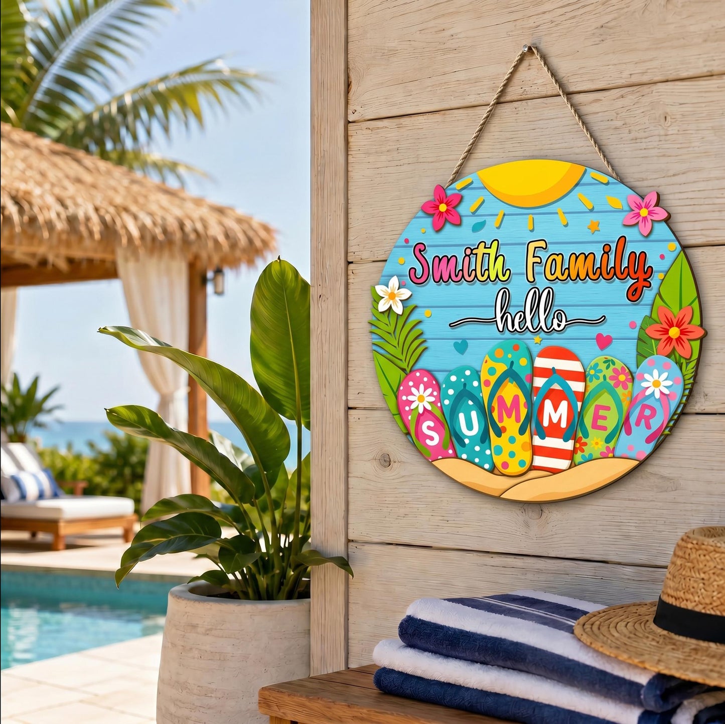 Custom Hello Summer Door Sign, Coastal Wooden Door Hanger