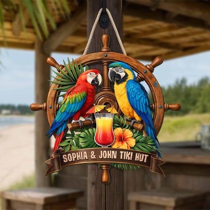 Personalized Parrot Tiki Bar Sign, Tropical Macaw Couple Summer Decor, Wooden Hanger