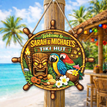 Personalized Tropical Beach Bar Wooden Sign, Parrot Tiki Mask Art