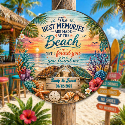 Custom Couple Sea Turtle Beach Memories Wooden Hanging Sign