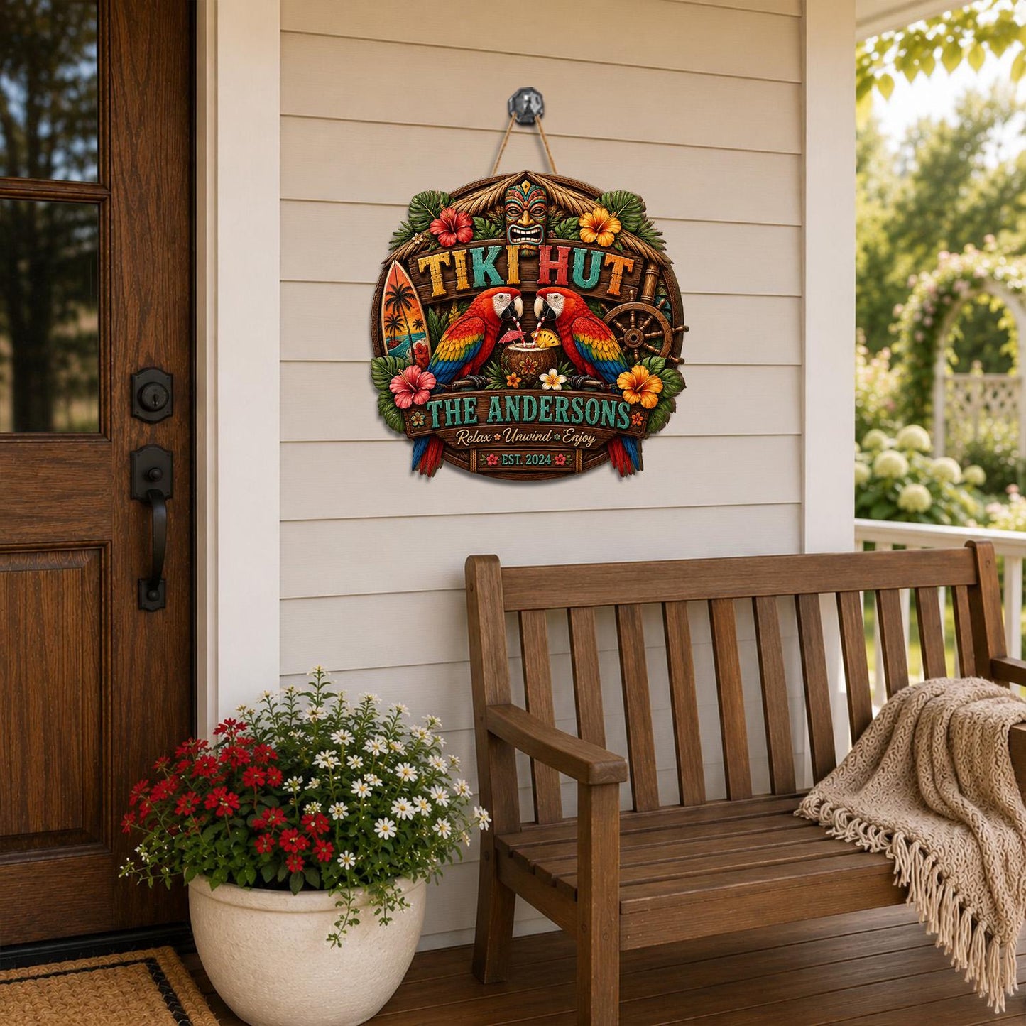 Personalized Tiki Hut, Tropical Macaw, Family Beach Bar Door Sign