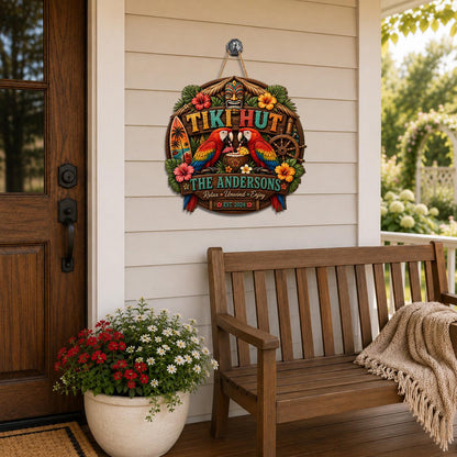 Personalized Tiki Hut, Tropical Macaw, Family Beach Bar Door Sign
