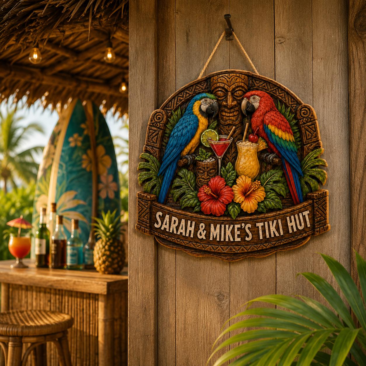 CUSTOMIZABLE Tropical Parrot Beach Hut Wood Sign