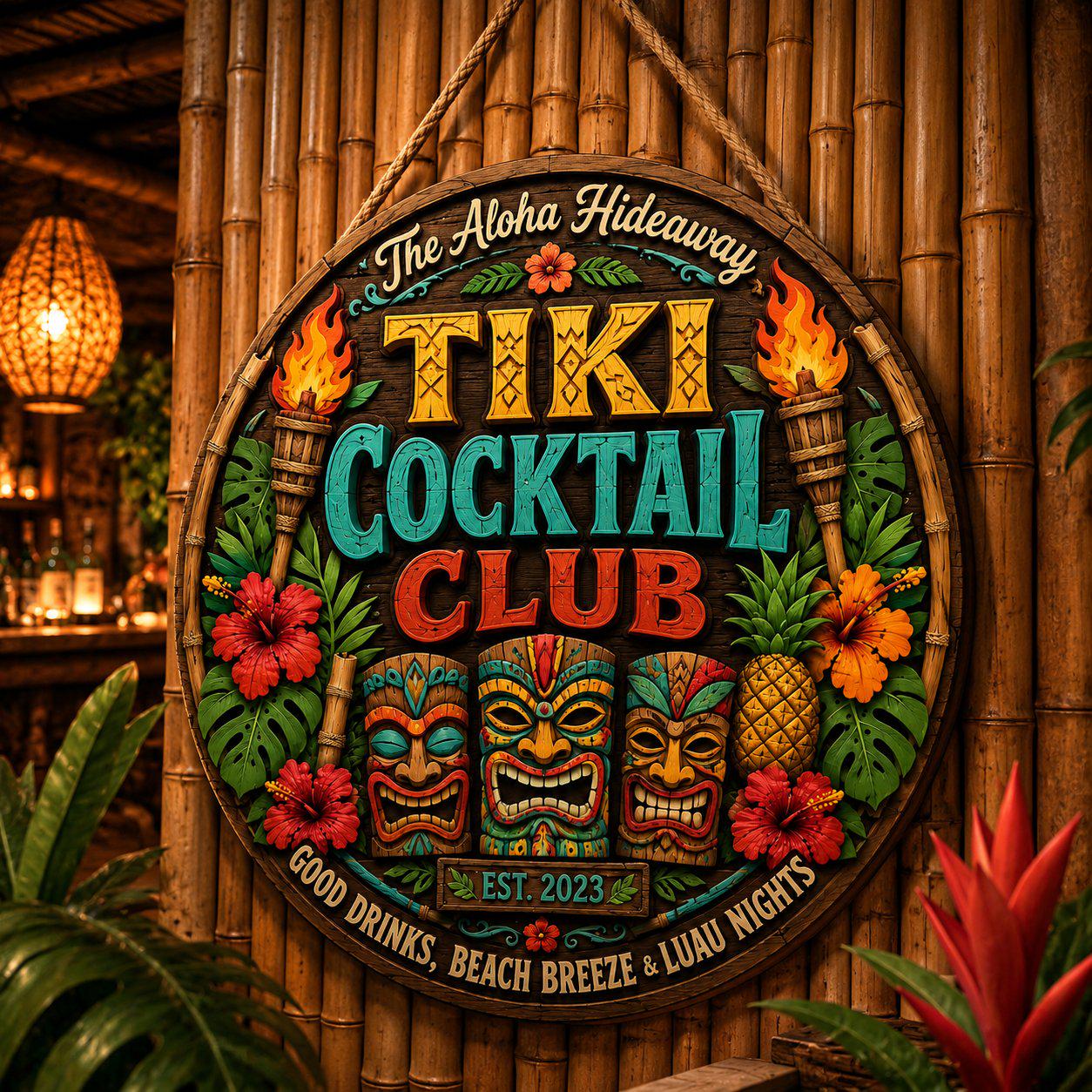 Custom Tropical Beach Tiki Hut Wooden Hanging Sign