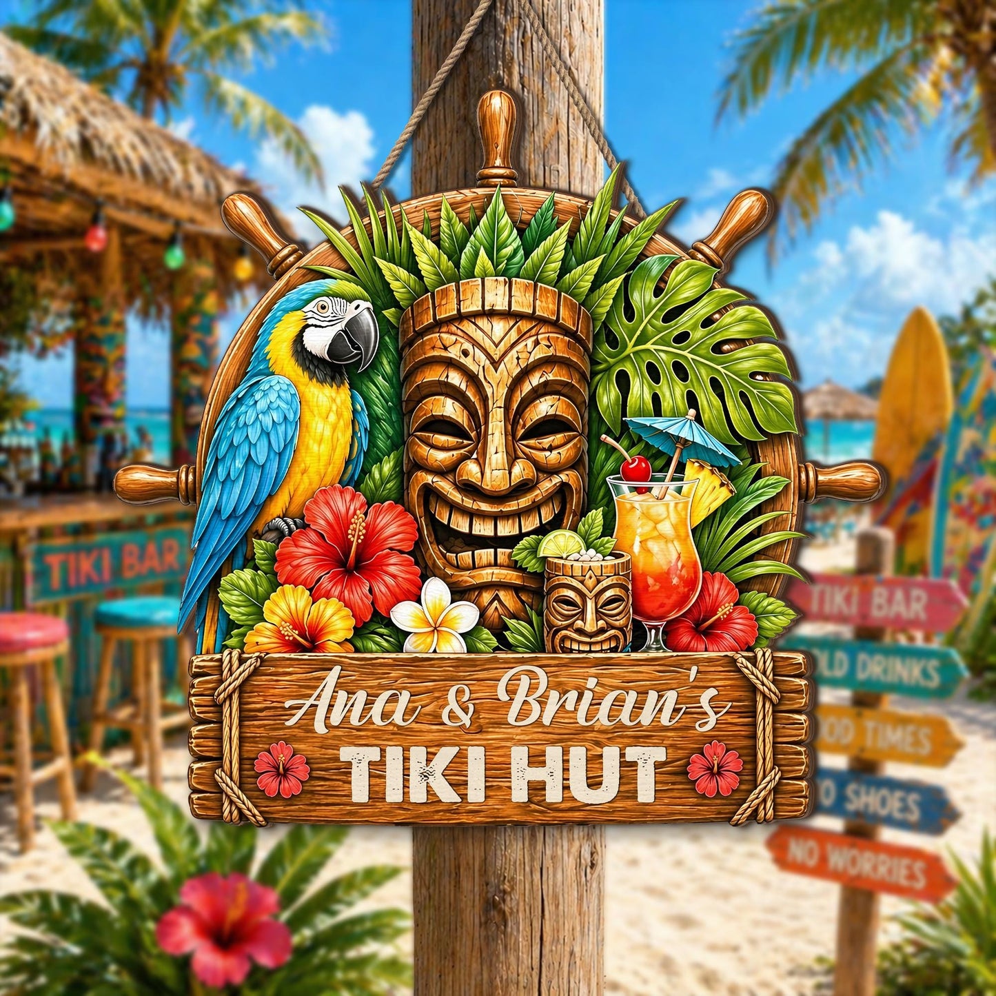 Custom Tropical Beach Bar Decor, Parrot Nautical Tiki Hut Wooden Hanging Sign