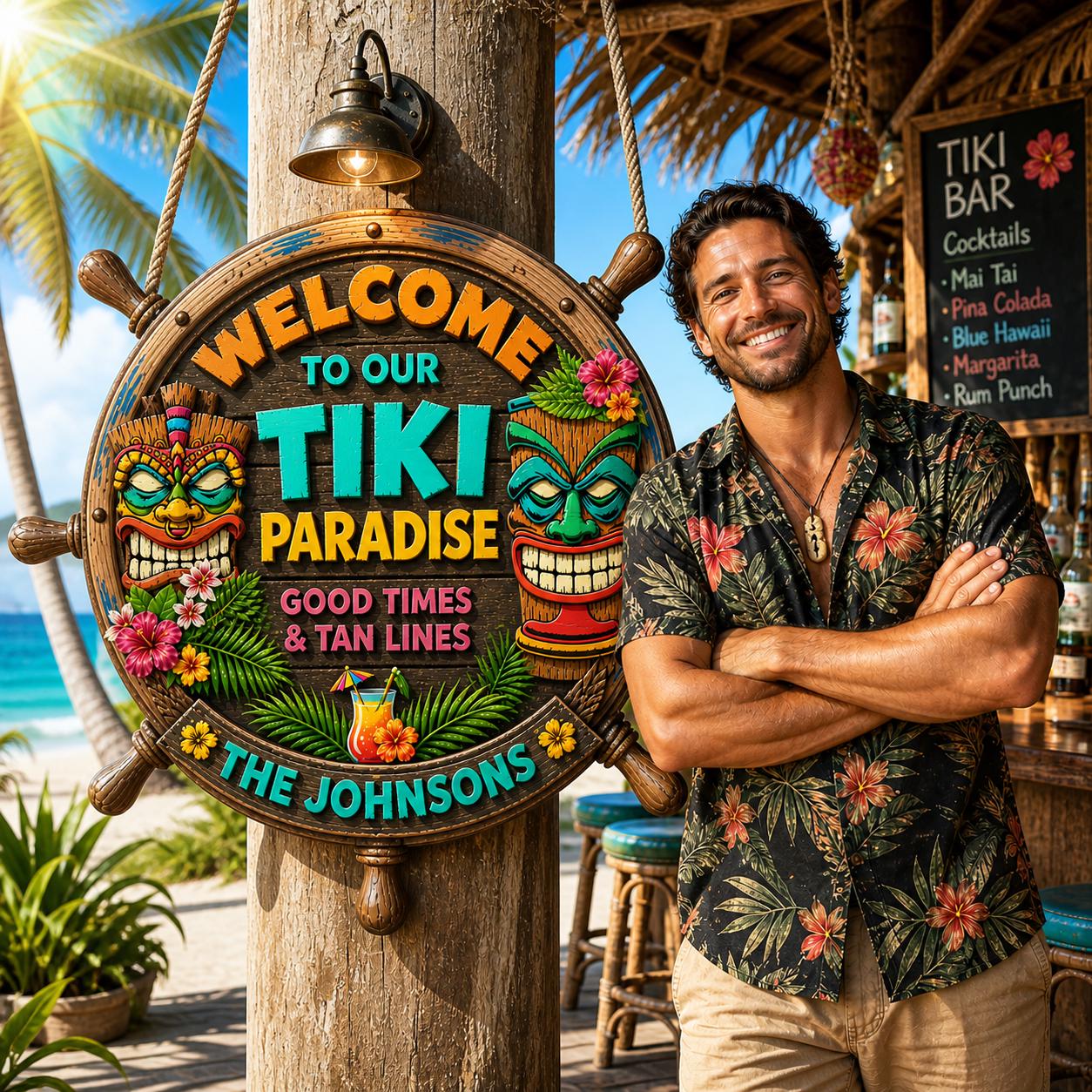 Custom Family Beach House Paradise Wooden Plaque, Hawaiian Luau Party Patio Sign