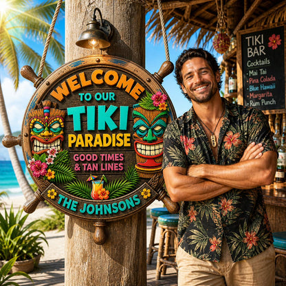 Custom Family Beach House Paradise Wooden Plaque, Hawaiian Luau Party Patio Sign