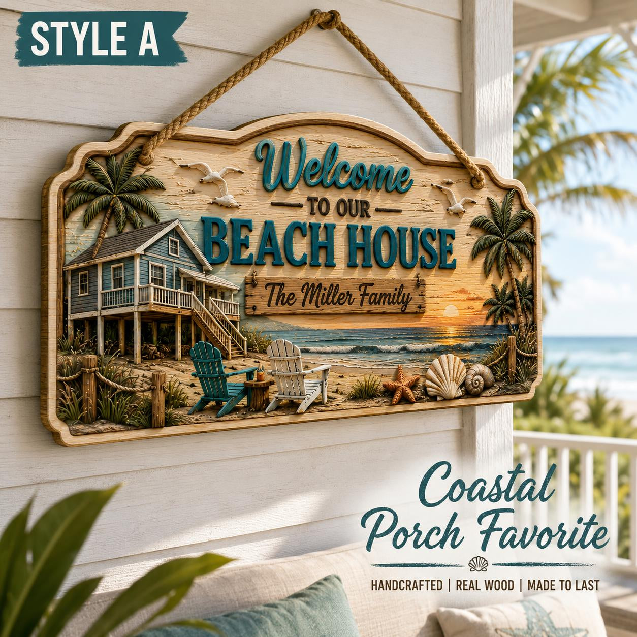 Custom Family Name Beach Wall Decor Coastal Wooden Hanging Sign
