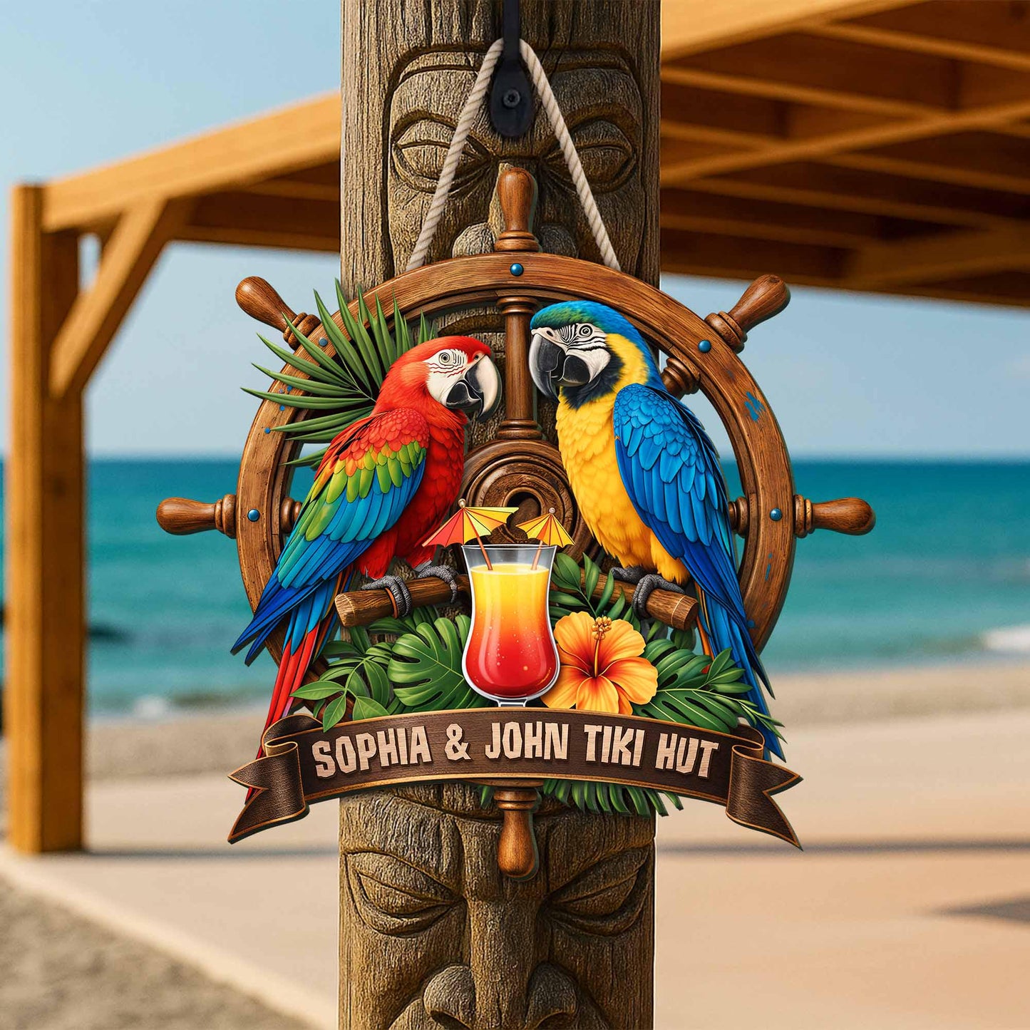 Personalized Parrot Tiki Bar Sign, Tropical Macaw Couple Summer Decor, Wooden Hanger