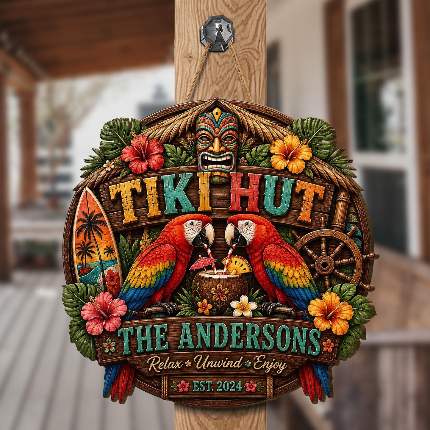 Personalized Tiki Hut, Tropical Macaw, Family Beach Bar Door Sign