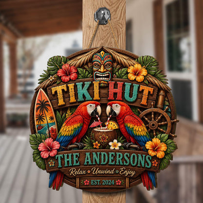 Personalized Tiki Hut, Tropical Macaw, Family Beach Bar Door Sign