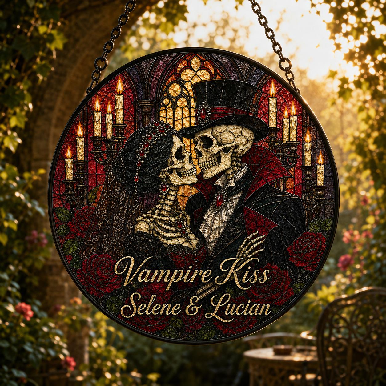 Custom Skull Couple Stained Glass Window Hanging