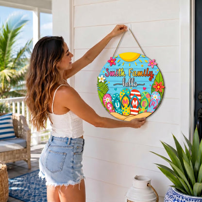 Custom Hello Summer Door Sign, Coastal Wooden Door Hanger