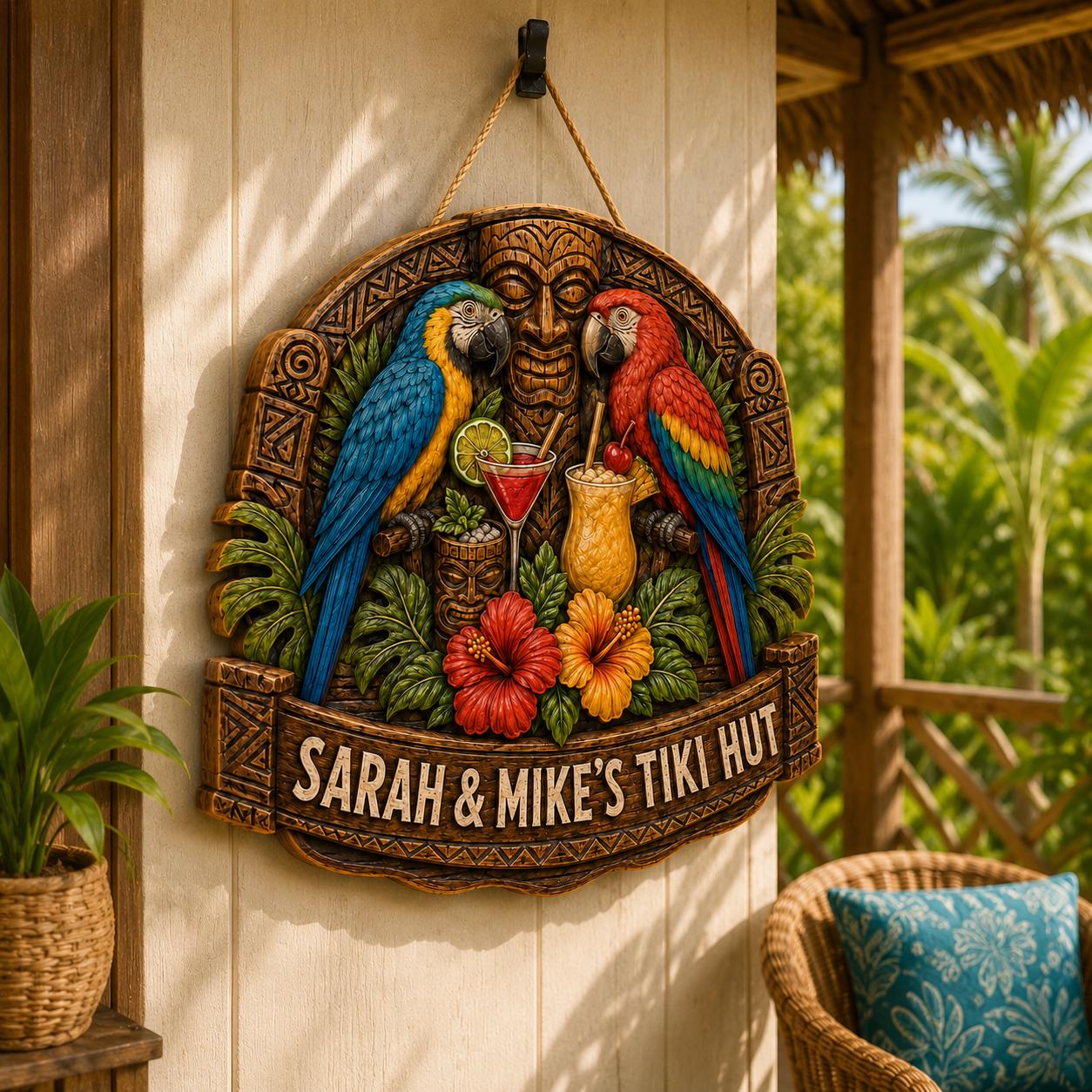 CUSTOMIZABLE Tropical Parrot Beach Hut Wood Sign